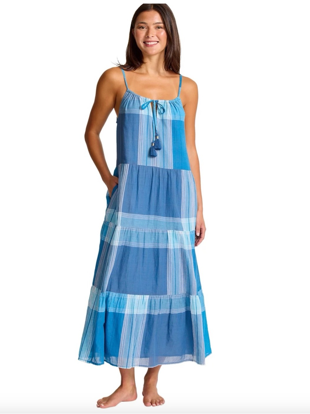 NWT Tommy Bahama Plaid Tiered Midi Coverup Dress Chambray Blue Size S